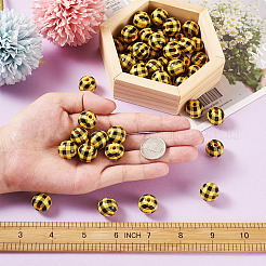 天然木製ビーズ  チェック柄ビーズ  タータン模様  ラウンド  きいろ  5/8インチ（16mm）  穴：4mm&nbsp;WOOD-TAC0010-05M