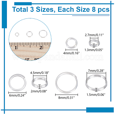 24個、3つのスタイル、925つのスターリングシルバースプリットリング  ダブルループリング  銀  4~8x1.3~2mm(22ゲージ～12ゲージ)  内径：2.7~7mm  8個/スタイル&nbsp;STER-AR0001-13-1