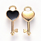 Alloy Enamel Pendants, Heart Key, Light Gold, Black, 16x7x2.5mm, Hole: 1.8mm