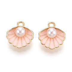 合金ペンダント  ABSプラスチックイミテーションパールとエナメル  パールシェル  ライトゴールド  ミスティローズ  16x15x7mm  穴：1.5mm