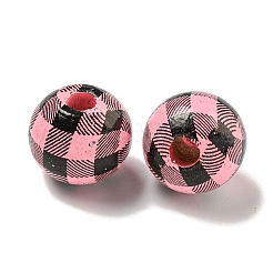 プリントウッドヨーロピアンビーズ  タータン模様のラウンド  ピンク  15.5~16mm  穴：4~4.5mm&nbsp;WOOD-G022-13H