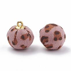手作りの布地ファブリックチャーム  黄金トーン合金パーツ  ラウンド  ピンク  16~17x14mm  穴：1.5mm&nbsp;LS-WOVE-N006-21D