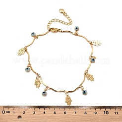 Bohemian Brass & Resin Light Blue Evil Eye & Hamda Hand Tassel Anklets&nbsp;AJEW-Z046-01G