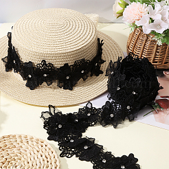 Double Layer Polyester 3D Flower Lace Trim Ribbon with Rhinestone&nbsp;OCOR-WH0097-73C