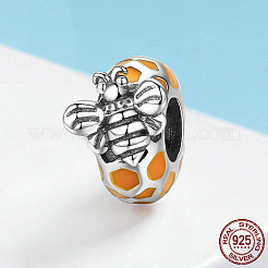 925スターリングシルバーヨーロピアンビーズ  エナメル  大穴ビーズ  蜂とフラットラウンド  アンティークシルバー  10x8mm  穴：4.2~4.5mm&nbsp;STER-FF0009-22AS