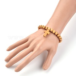 Cross Wood Beaded Stretch Charm Bracelets&nbsp;BJEW-JB02219