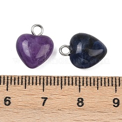 天然な混合石のチャーム  プラチナトーンの真鍮製ループ付き  ハート  13x10x5~6mm  穴：2mm&nbsp;G-T132-005