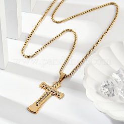 201 Stainless Steel Clear Cubic Zirconia Religion Cross Pendant Box Chain Necklaces for Men&nbsp;NJEW-S387-06G