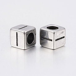 304 ステンレススチール 大きな穴文字 ヨーロッパ ビーズ  文字.i付きのキューブ  アンティークシルバー  8x8x8mm  穴：5mm&nbsp;X-STAS-H428-01AS-I