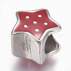 304ステンレススチールヨーロピアンビーズ  エナメル  大穴ビーズ  スター  レッド  ステンレス鋼色  10.5x10.5x8mm  穴：5mm&nbsp;STAS-F195-111P