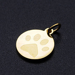 ステンレス製ペットチャーム201個  丸カン付き  犬の足のプリントとフラットラウンド  ゴールドカラー  14.5x12x1mm  穴：3mm&nbsp;STAS-T049-T676-2