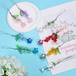 真鍮、アクリル、ガラスの携帯ストラップ  花  スター  ダークシーグリーン  163mm&nbsp;HJEW-SW00167-04