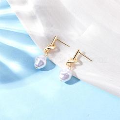 イミテーションパール付きノットダングルスタッドピアス  女性のための真鍮のアクセサリー  ゴールドカラー  30x10mm  ピン：0.9mm&nbsp;JE1099A