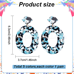 5 Pair 5 Color Acrylic Hollow Oval Dangle Stud Earrings with Steel Iron Pins for Women&nbsp;EJEW-AN0004-04