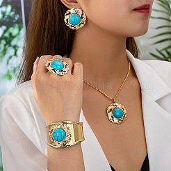ラウンド合金＆合成ターコイズペンダントネックレス＆スタッドピアス＆カフバングル＆リングセット  ゴールドカラー  460mm&nbsp;FS-WG9CCFC-01