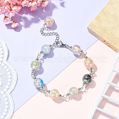 ゴールドフォイル付き樹脂ラウンドビーズチェーンブレスレット  ミックスカラー  7-3/4インチ（19.6cm）&nbsp;BJEW-JB09474-01