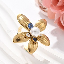 女性用304ステンレススチールカフリング  花  キュービックジルコニアとプラスチックビーズを使用  18KGP本金メッキ  花：31x32mm&nbsp;RJEW-H246-04G