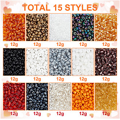 15色のハロウィーンガラスシードビーズ  ラウンド  ミックスカラー  3mm  穴：1mm  15色  約266PCS /カラー&nbsp;SEED-HY0001-17A