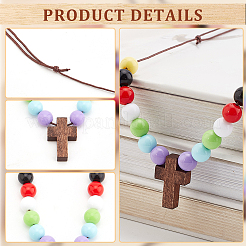 Wood Cross with Acrylic Beaded Pendant Necklaces for Women&nbsp;NJEW-AB00012