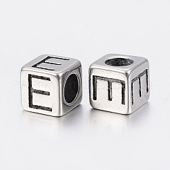 304 ステンレススチール 大きな穴文字 ヨーロッパ ビーズ  文字.e付きのキューブ  アンティークシルバー  8x8x8mm  穴：5mm&nbsp;LS-STAS-H428-01AS-E