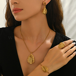 Stainless Steel Hollow Teardrop Bracelets & Earrings & Necklaces & Rings Sets for Women&nbsp;GO0087