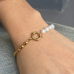 女性用ファッションプラスチックパール＆304ステンレススチールオーバルビーズリンクブレスレット  18KGP本金メッキ  6-3/4インチ（17cm）&nbsp;UP6693