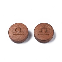 レーザー彫刻された木製ビーズ  星座12個のフラットラウンド  染め  キャメル  天秤座  12x4mm  穴：1.6mm&nbsp;WOOD-S053-53H