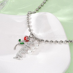母の日 真鍮製マイクロパヴェ クリアキュービックジルコニア エナメル 赤いバラの花 ママペンダントネックレス（女性用）  フェイクパールビーズ付き  カドミウムフリー＆鉛フリー  長持ちメッキ  ラックめっき  プラチナ  17.24インチ（43.8cm）&nbsp;NJEW-A071-02P