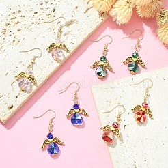 天使のダングルイヤリング女性用  合金ウィングと真鍮のピアスフック付きガラスイヤリング  ミックスカラー  39~41x20mm&nbsp;EJEW-JE05300