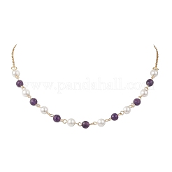 Shell Pearl and Natural Amethyst Round Beads Link Chain Necklaces for Women&nbsp;NJEW-JN05635