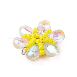 ビーズの花のチャーム  ラインストーンとガラスのシードビーズペンダント  丸カン付き  クリアAB  21.5x23x8mm  穴：3mm&nbsp;PALLOY-MZ00438-01