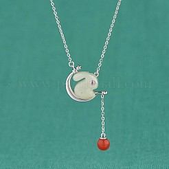 Anti-Tarnish Natural Hetian White Jade Bunny with Lantern Tassel Pendant Necklace&nbsp;JN1081A