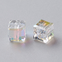 電気メッキガラスビーズ  多面カット  キューブ  ABカラーメッキ  クリスタルAB  4x4x4mm  穴：1.2mm&nbsp;RGLA-G015-C01-001AB