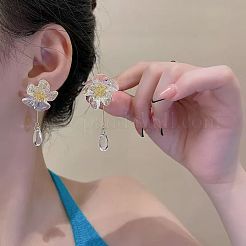 真鍮とガラスの花モチーフのスタッドピアス（女性用）  レジン ティアドロップ ダングル イヤリング  透明  53mm&nbsp;WGDC4BF-01