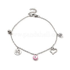 Enamel Evil Eye & Cubic Zirconia & 304 Stainless Steel Charm Anklet with Cable Chains&nbsp;AJEW-C021-09P