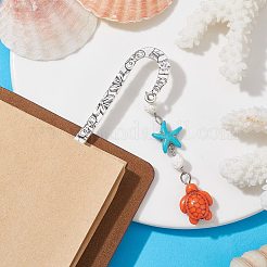 天然溶岩石を使用した合成ターコイズ カメ ヒトデ ペンダント ブックマーク  チベット風合金フックブックマーク  ミックスカラー  123mm&nbsp;AJEW-JK00285