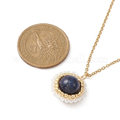 Natural Lapis Lazuli(Dyed) & Seed Flower Pendant Necklace&nbsp;NJEW-MZ00019-01