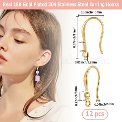 304ステンレススチールピアスフック12個  片穴パーツ用  18KGP本金メッキ  17x11mm  穴：1.2mm  3x1mmのラインストーンに適する&nbsp;STAS-BBC0008-76