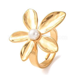 304ステンレススチール製シェルビーズカフオープンリング（女性用）  花  ゴールドカラー  usサイズ9 3/4(19.5mm)  花：29.5x32mm。&nbsp;RJEW-E301-01B