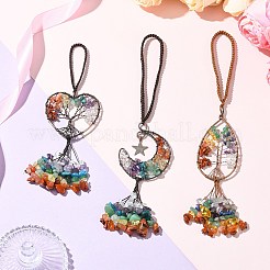 3Pcs 3 Styles Copper Wire Wrapped Chakra Natural Gemstone with Tree of Life Pendant Decorations&nbsp;HJEW-CJ0001-22