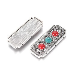 チベット風合金連バー  合成ターコイズ付き  長方形  アンティークシルバー  64x26x7mm  穴：1.6mm&nbsp;TIBE-L004-C001-AS