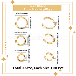 300個 3スタイル ラックメッキ真鍮オープン丸カン  ラウンド  長持ちメッキ  24KGP本金メッキ  4~6x0.8mm  18~20ゲージ  内径：2.5~4mm  100個/スタイル&nbsp;KK-BBC0023-05G