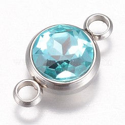 ガラスリンクコネクター  多面カット  304ステンレススチール製金具付き  フラットラウンド  ステンレス鋼色  アクアマリン  17.5x10x6.5mm  穴：2.5mm&nbsp;GLAA-G018-P05