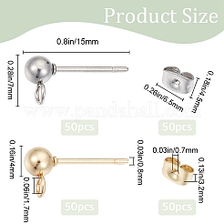 100Pcs 2 Color 304 Stainless Steel Ball Stud Earring Findings&nbsp;STAS-SP0001-56