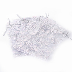 ローズプリントオーガンジーバッグ巾着袋  ギフトバッグ  長方形  ホワイト  14~15x10cm&nbsp;OP-R021-10x15-03