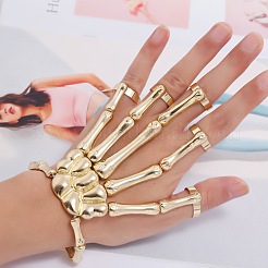 ハロウィンをテーマにしたスカル合金フルハンドリングブレスレット  女性用の調節可能なリングが5つ付いたストレッチブレスレット  ゴールドカラー  内径：2-3/8インチ（6cm）&nbsp;BJEW-L680-01G