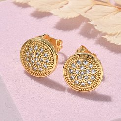 真鍮マイクロペーブクリアキュービックジルコニアスタッドピアス  長持ちメッキ  18KGP本金メッキ  フラットラウンド  11mm&nbsp;EJEW-D305-15G