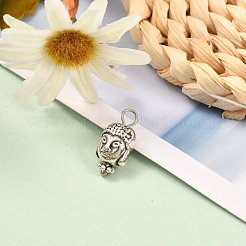 仏ヘッドチベットスタイルの合金のペンダント  304ステンレススチールボールヘッドピンとフラワー合金スペーサービーズ付き  アンティークシルバー  18x9x8mm  穴：3mm&nbsp;PALLOY-JF00886-01