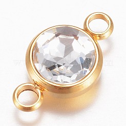 ガラスリンクコネクター  多面カット  304ステンレススチール製金具付き  フラットラウンド  ゴールドカラー  クリスタル  17.5x10x6.5mm  穴：2.5mm&nbsp;GLAA-G018-G03