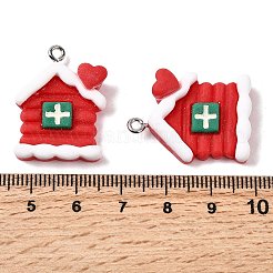 クリスマステーマの不透明樹脂ペンダント  家のチャーム  レッド  26x21x6.5mm  穴：2mm&nbsp;LS-RESI-U011-01
